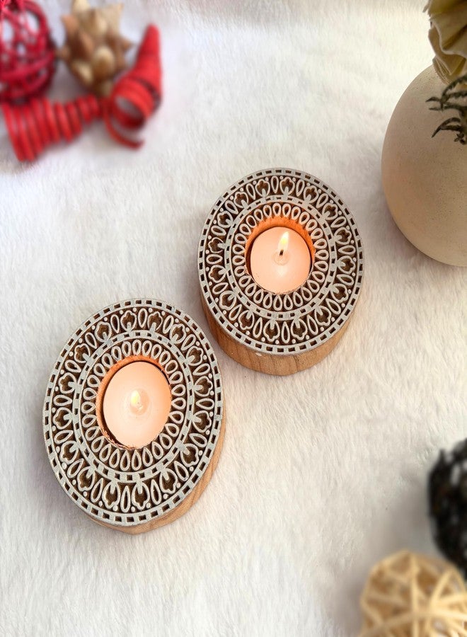 Goyoham - Pack of 2, Premium Wooden Candle Holders with Circular Mandala Pattern | White and Brown | Home Decor and Gifting - Image 1